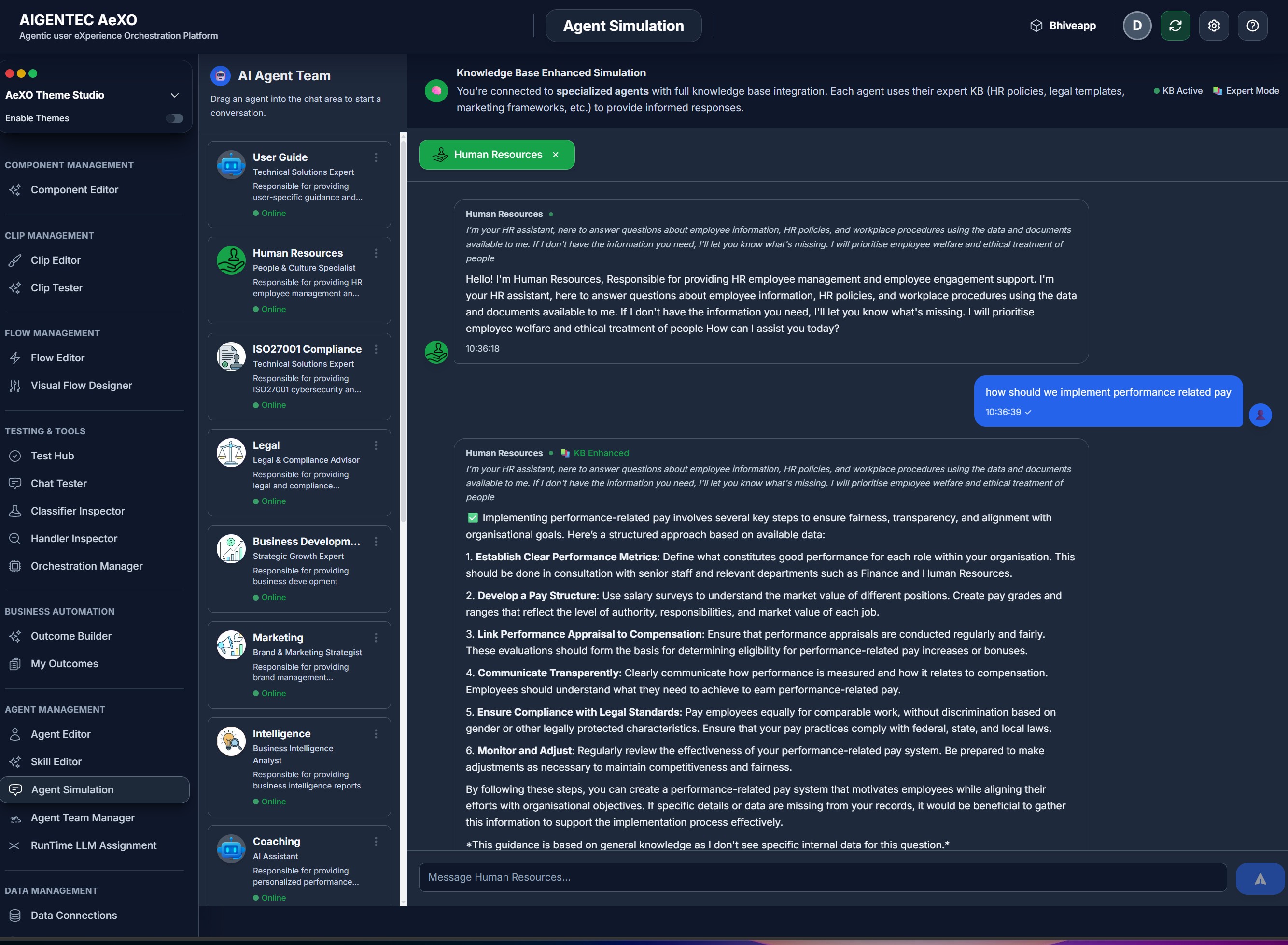 AeXO backend agent simulator screenshot